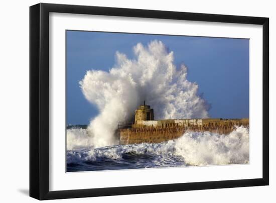Portreath Wave Breaks over Pier in Storm-null-Framed Photographic Print