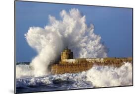 Portreath Wave Breaks over Pier in Storm-null-Mounted Photographic Print