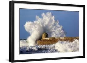 Portreath Wave Breaks over Pier in Storm-null-Framed Photographic Print