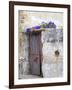 Portugal, Aveiro. Old red metal door with bright blue and pink morning glory flower-Julie Eggers-Framed Photographic Print