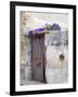 Portugal, Aveiro. Old red metal door with bright blue and pink morning glory flower-Julie Eggers-Framed Photographic Print