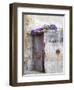 Portugal, Aveiro. Old red metal door with bright blue and pink morning glory flower-Julie Eggers-Framed Photographic Print