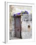 Portugal, Aveiro. Old red metal door with bright blue and pink morning glory flower-Julie Eggers-Framed Photographic Print