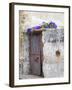 Portugal, Aveiro. Old red metal door with bright blue and pink morning glory flower-Julie Eggers-Framed Photographic Print