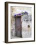 Portugal, Aveiro. Old red metal door with bright blue and pink morning glory flower-Julie Eggers-Framed Photographic Print