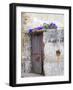 Portugal, Aveiro. Old red metal door with bright blue and pink morning glory flower-Julie Eggers-Framed Photographic Print