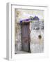 Portugal, Aveiro. Old red metal door with bright blue and pink morning glory flower-Julie Eggers-Framed Photographic Print