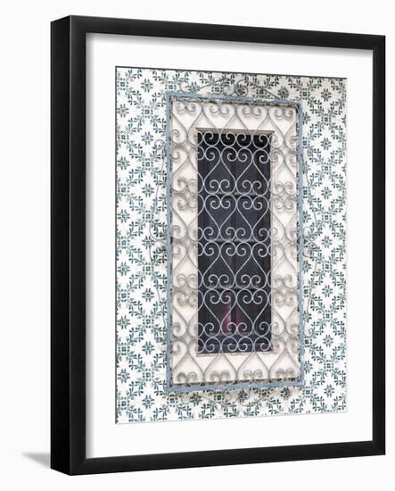 Portugal, Aveiro. Shuttered window on tiled wall with wrought iron covering.-Julie Eggers-Framed Photographic Print