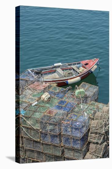 Portugal, Cascais, Lobster Traps and Fishing Boat in Harbor-Jim Engelbrecht-Stretched Canvas