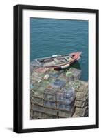 Portugal, Cascais, Lobster Traps and Fishing Boat in Harbor-Jim Engelbrecht-Framed Premium Photographic Print