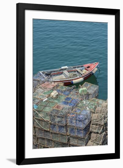 Portugal, Cascais, Lobster Traps and Fishing Boat in Harbor-Jim Engelbrecht-Framed Photographic Print