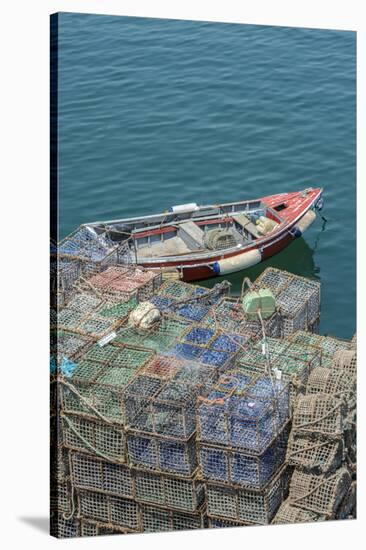 Portugal, Cascais, Lobster Traps and Fishing Boat in Harbor-Jim Engelbrecht-Stretched Canvas