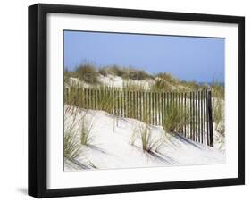 Portugal, Costa Nova. Beach grass, sand and old fence line at the beach resort of Costa Nova-Julie Eggers-Framed Photographic Print