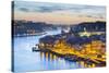 Portugal, Douro Litoral, Porto. Dusk in the UNESCO listed Ribeira district, viewed from Dom Luis I -Nick Ledger-Stretched Canvas