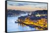 Portugal, Douro Litoral, Porto. Dusk in the UNESCO listed Ribeira district, viewed from Dom Luis I -Nick Ledger-Framed Stretched Canvas