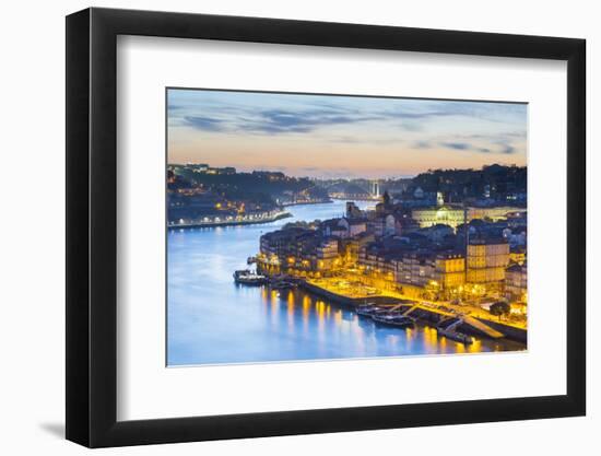 Portugal, Douro Litoral, Porto. Dusk in the UNESCO listed Ribeira district, viewed from Dom Luis I -Nick Ledger-Framed Photographic Print