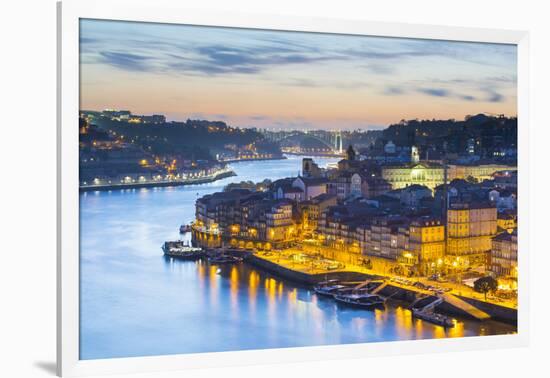 Portugal, Douro Litoral, Porto. Dusk in the UNESCO listed Ribeira district, viewed from Dom Luis I -Nick Ledger-Framed Photographic Print