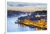 Portugal, Douro Litoral, Porto. Dusk in the UNESCO listed Ribeira district, viewed from Dom Luis I -Nick Ledger-Framed Photographic Print