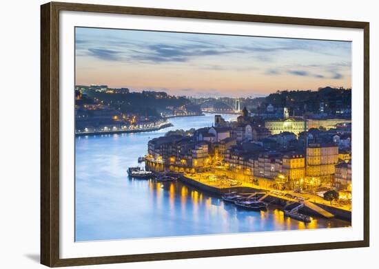 Portugal, Douro Litoral, Porto. Dusk in the UNESCO listed Ribeira district, viewed from Dom Luis I -Nick Ledger-Framed Photographic Print