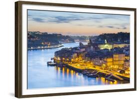 Portugal, Douro Litoral, Porto. Dusk in the UNESCO listed Ribeira district, viewed from Dom Luis I -Nick Ledger-Framed Photographic Print