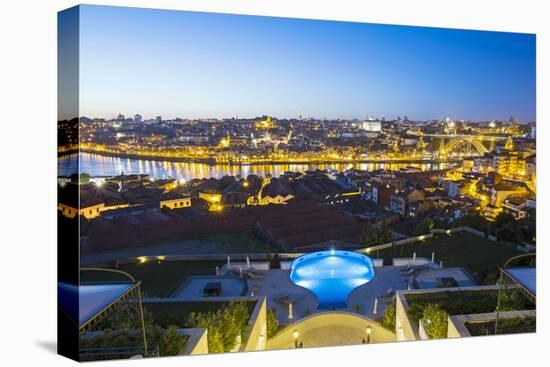 Portugal, Douro Litoral, Porto. Dusk view towards the old town of Porto and the Ribeira district fr-Nick Ledger-Stretched Canvas