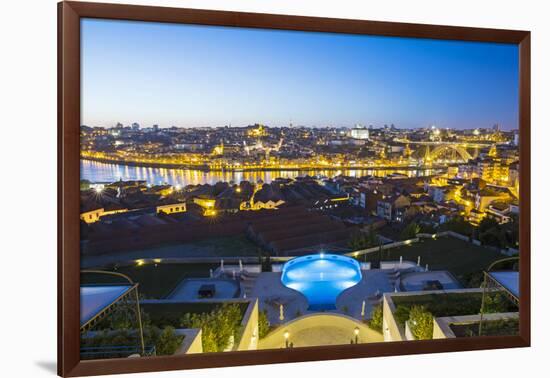 Portugal, Douro Litoral, Porto. Dusk view towards the old town of Porto and the Ribeira district fr-Nick Ledger-Framed Photographic Print