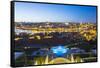 Portugal, Douro Litoral, Porto. Dusk view towards the old town of Porto and the Ribeira district fr-Nick Ledger-Framed Stretched Canvas