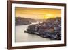 Portugal, Douro Litoral, Porto. Sunset over the UNESCO listed Ribeira district, viewed from Dom Lui-Nick Ledger-Framed Photographic Print