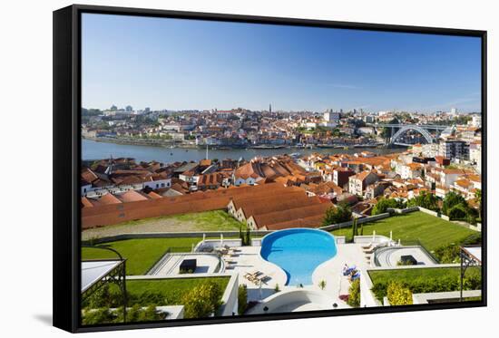 Portugal, Douro Litoral, Porto. The view towards the old town of Porto and the Ribeira district fro-Nick Ledger-Framed Stretched Canvas