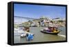 Portugal, Douro Litoral, Porto. Tourists boats on Douro River in the UNESCO listed Ribeira district-Nick Ledger-Framed Stretched Canvas