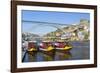 Portugal, Douro Litoral, Porto. Tourists boats on Douro River in the UNESCO listed Ribeira district-Nick Ledger-Framed Photographic Print