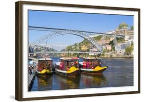 Portugal, Douro Litoral, Porto. Tourists boats on Douro River in the UNESCO listed Ribeira district-Nick Ledger-Framed Photographic Print