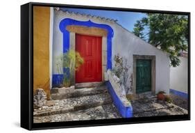 Portugal, Obidos, Bright Red Door of Colored Homes Inside the Walled City-Terry Eggers-Framed Stretched Canvas