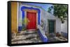 Portugal, Obidos, Bright Red Door of Colored Homes Inside the Walled City-Terry Eggers-Framed Stretched Canvas