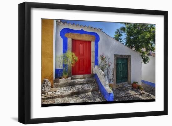 Portugal, Obidos, Bright Red Door of Colored Homes Inside the Walled City-Terry Eggers-Framed Photographic Print