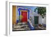 Portugal, Obidos, Bright Red Door of Colored Homes Inside the Walled City-Terry Eggers-Framed Photographic Print