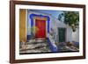 Portugal, Obidos, Bright Red Door of Colored Homes Inside the Walled City-Terry Eggers-Framed Photographic Print