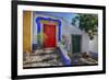 Portugal, Obidos, Bright Red Door of Colored Homes Inside the Walled City-Terry Eggers-Framed Photographic Print