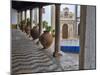 Portugal, Obidos. Ceramic pots adorning a building ledge.-Terry Eggers-Mounted Photographic Print