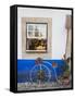 Portugal, Obidos. Cute bicycle planter in front of a bakery in the walled city of Obidos.-Julie Eggers-Framed Stretched Canvas