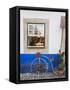 Portugal, Obidos. Cute bicycle planter in front of a bakery in the walled city of Obidos.-Julie Eggers-Framed Stretched Canvas