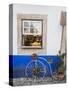 Portugal, Obidos. Cute bicycle planter in front of a bakery in the walled city of Obidos.-Julie Eggers-Stretched Canvas