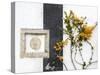 Portugal, Obidos. Orange bougainvillea growing against a wall and carved sculpture on wall.-Julie Eggers-Stretched Canvas
