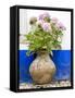 Portugal, Obidos. Pink hydrangea in an old pottery against a white and blue wall-Julie Eggers-Framed Stretched Canvas