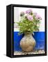 Portugal, Obidos. Pink hydrangea in an old pottery against a white and blue wall-Julie Eggers-Framed Stretched Canvas