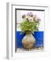 Portugal, Obidos. Pink hydrangea in an old pottery against a white and blue wall-Julie Eggers-Framed Photographic Print