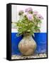 Portugal, Obidos. Pink hydrangea in an old pottery against a white and blue wall-Julie Eggers-Framed Stretched Canvas