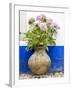 Portugal, Obidos. Pink hydrangea in an old pottery against a white and blue wall-Julie Eggers-Framed Photographic Print