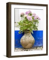 Portugal, Obidos. Pink hydrangea in an old pottery against a white and blue wall-Julie Eggers-Framed Photographic Print