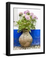 Portugal, Obidos. Pink hydrangea in an old pottery against a white and blue wall-Julie Eggers-Framed Photographic Print